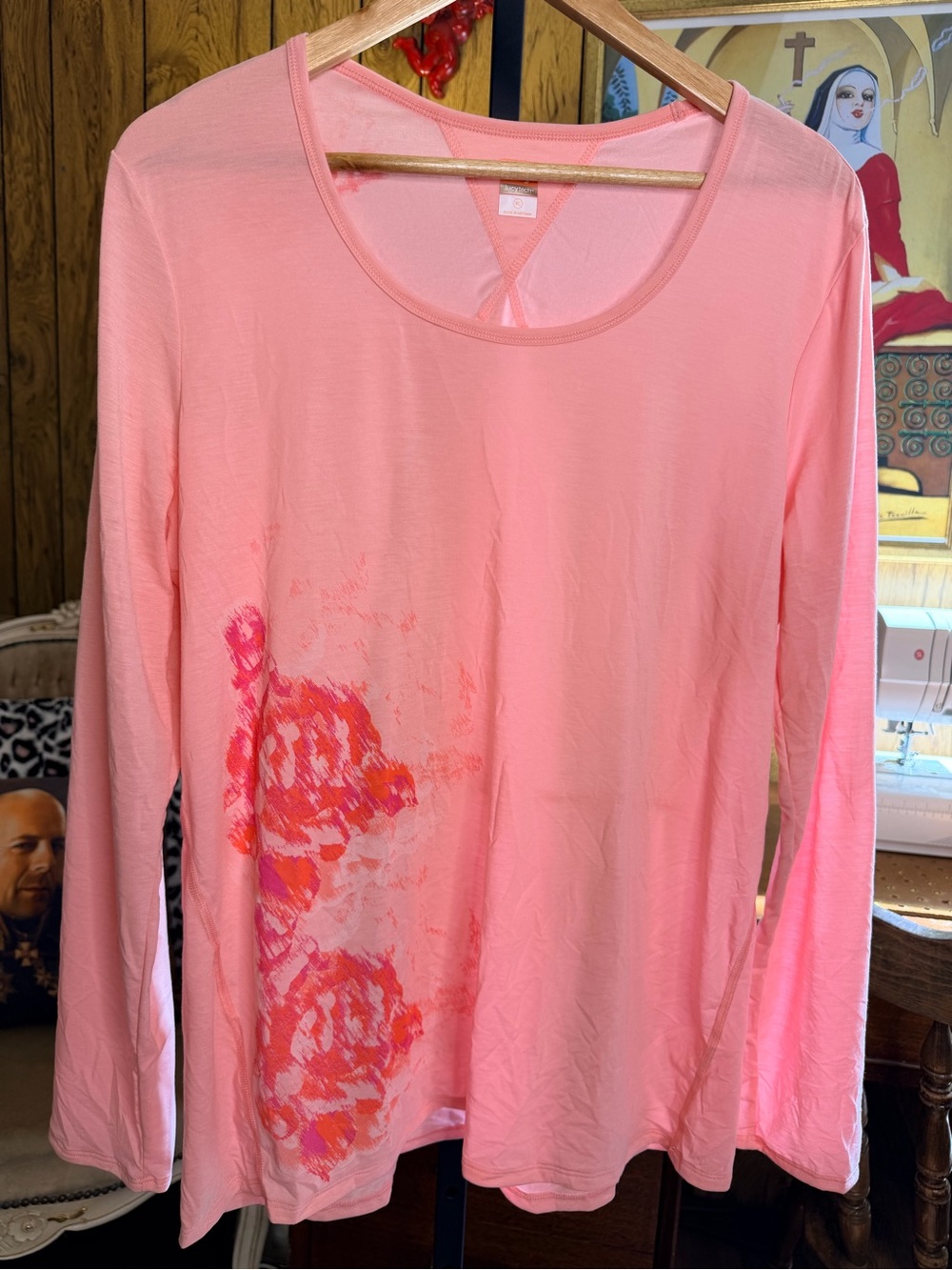 Lucy Lightweight Long-Sleeve Coral Pink Floral Accent Tee